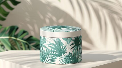 Wall Mural - A blank cosmetics container, suitable for creams and shampoos This is a mockup of a cosmetics container with tropical leaves This design concept is related to skincare and haircare items