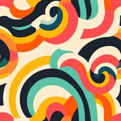 Fototapete - Retro pattern design featuring colorful spirals and curved lines in vibrant 70s color palette. Generative AI