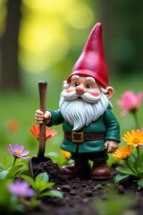 Wall Mural - A tiny gnome tends vibrant flowers, shovel nearby , yellow, gardening, garden