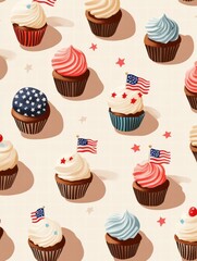 Aufkleber - Colorful cupcakes topped with American flags create a festive display for celebrations and gatherings. Generative AI