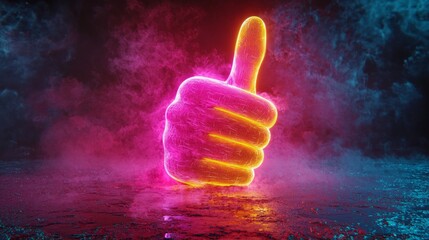 Fototapete - Bright neon illustration showcases hand showing thumbs up electric colors clean white background perfect nightlife advertising and modern digital content.