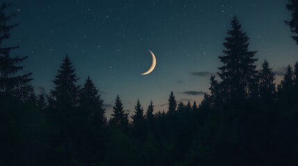 crescent moon over silhouetted pine forest at night