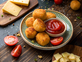 Poster - The image shows a plate of golden-brown croquettes with a side of red dipping sauce. There are also slices of cheese and tomatoes in the background.
