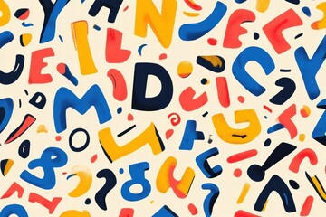 Poster - Colorful playful pattern featuring stylized alphabet in vibrant shades on a light background. Generative AI