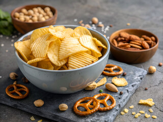 Aufkleber - potato chips is placed on a slate tray, accompanied by bowls of nuts and pretzels. The tray is set on a dark, textured surface.