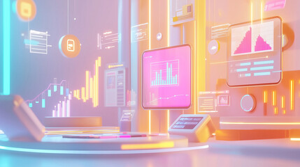 Poster - A 3D rendering depicts a futuristic data center interior with holographic displays showing graphs, charts, crypto symbols, and network data, emphasizing digital analytics and technological advancement