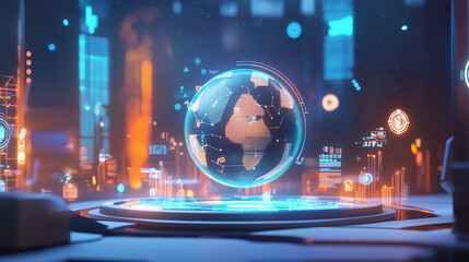 Poster - A 3D render depicts a translucent Earth globe, encircled by vibrant digital data streams and futuristic cityscapes. The scene suggests global connectivity and technological advancement