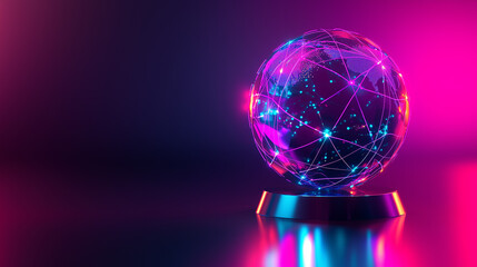 Poster - A glass globe, representing Earth, displays illuminated interconnected lines symbolizing global networks. It rests on a dark stand, set against a vibrant pink and blue neon backdrop