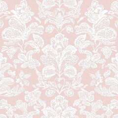 Poster - Lace inspired seamless pattern featuring floral and botanical designs on a soft pink background. Generative AI