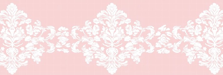 Poster - Elegant lace inspired seamless pattern showcasing intricate designs on a soft pink background. Generative AI