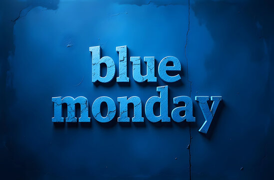 Blue Monday Text on Cracked Blue Wall. A bold Blue Monday text in cracked textured lettering stands against a vibrant blue background with subtle cracks and shadows.