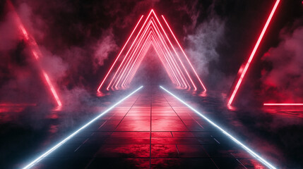 Poster - Futuristic Neon Red Triangle Tunnel with Fog and Reflections. Gamer background