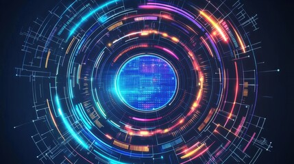 Fototapete - Futuristic digital technology background with vibrant neon colors and circular patterns.