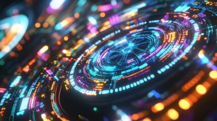 Poster - A vibrant, futuristic digital interface with swirling neon colors, creating a dynamic and energetic atmosphere.