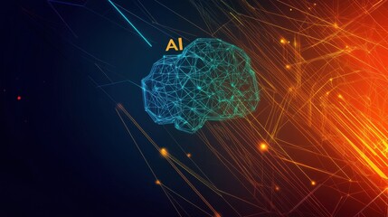 Poster - Abstract digital illustration of a brain symbolizing AI technology with vibrant, glowing lines.