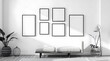 © Michel - Minimalist Gallery Wall: A serene and stylish living room interior featuring a blank gallery wall with five empty frames, perfect for showcasing your artwork or personal memories.