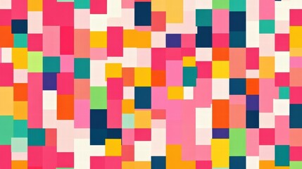 Poster - Colorful pixel art inspired seamless pattern featuring vibrant squares and rectangles in various hues and shades. Generative AI