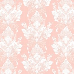 Poster - Intricate lace inspired seamless pattern on soft coral background featuring floral motifs and delicate detailing. Generative AI