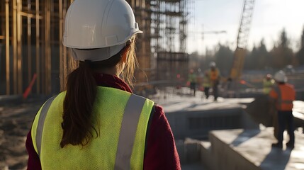 A female construction worker, wearing a white hard hat and safety vest, oversees a busy construction site.  The sun shines, highlighting the scene's activity and the woman's focus.