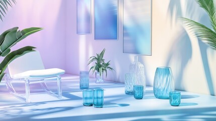 Wall Mural - Modern interior design featuring glasses and a carafe filled with water, creating a refreshing blue ambiance