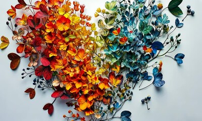 Wall Mural - Many colorful leaves in the shape of a heart on a white background