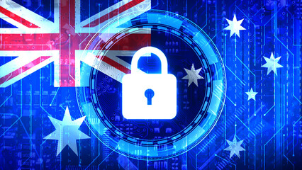 Poster - Australia cyber security concept background with glowing lock and circuit board. Blue lock representing security with waving flag of Australia