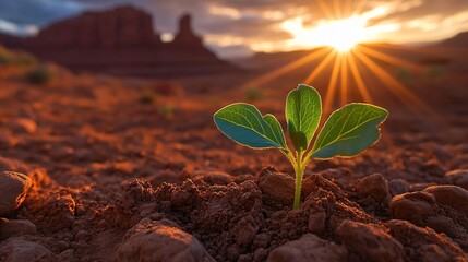 Wall Mural - Sunrise illuminates a resilient seedling sprouting in arid, rocky soil.