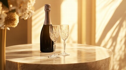 Poster - Premium champagne bottle with elegant crystal flutes on a marble table in warm light. Generative AI