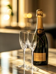 Poster - Celebrate a special occasion with premium champagne and elegant crystal flutes in a sophisticated setting. Generative AI