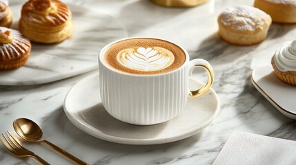 Aufkleber - Premium latte art served in an elegant cup with pastries on a marble table in a cozy cafe setting. Generative AI