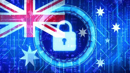Poster - Cyber Security 4k animation in blue color with waving Australian flag and glowing lock in the center..