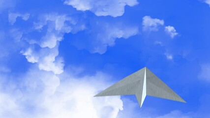 Wall Mural - Paper Airplane Forward Through the Clouds 4K Loop features a view of flying through a blue cloudy sky with a paper airplane flying into view and keeping pace with the viewer in a loop.