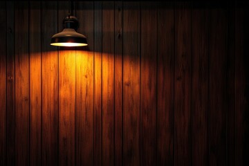 Wall Mural - Illuminated wooden wall with hanging lamp.