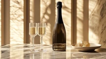 Aufkleber - Premium champagne bottle and crystal flutes on a marble table in bright afternoon light. Generative AI