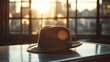 © akun - Fedora hat on table, sunset view. generative ai