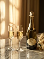 Aufkleber - Premium champagne bottle with two crystal flutes on a marble table in soft afternoon light. Generative AI