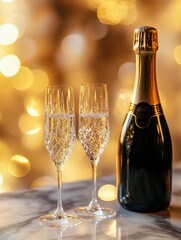 Poster - Celebrate special moments with premium champagne and crystal flutes on a stylish marble surface in an elegant setting. Generative AI