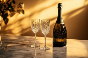 Poster - Premium champagne bottle accompanied by elegant crystal flutes on a marble surface glowing in warm light. Generative AI