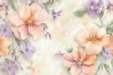 Aufkleber - Floral pattern featuring delicate flowers in soft pastel hues on a light background. Generative AI