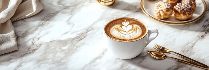 Poster - Premium coffee served with intricate latte art alongside pastries in a cozy cafe setting. Generative AI