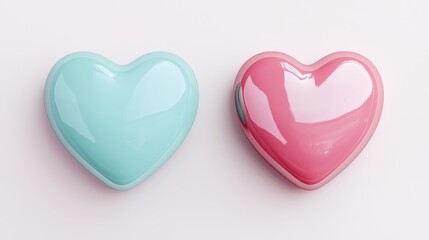 Poster - Two glossy heart-shaped objects in pastel blue and pink, arranged side by side against a white background, evoking themes of love and affection.