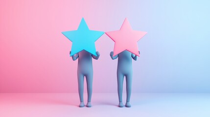 Poster - Two figures hold oversized stars in contrasting colors against a gradient background, creating a playful and artistic scene.