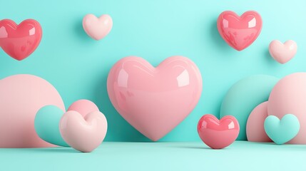 Poster - A colorful arrangement of hearts in various sizes and shades of pink and red, set against a soft turquoise background.