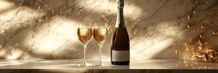 Poster - Premium champagne bottle and crystal flutes set on a marble table with elegant lighting. Generative AI
