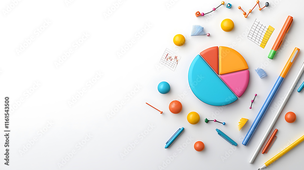 Colorful pie chart and stationery items on white background, ideal for ...