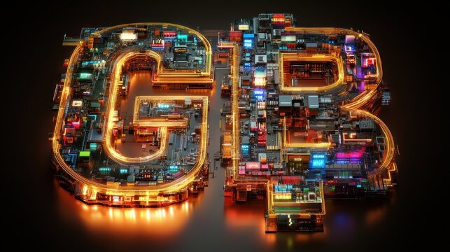 Illuminated GB letters formed from circuit boards.