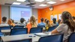 © Khalis Mustapha - Students attending a lecture in a modern classroom with projector for educational and presentation-based campaigns.