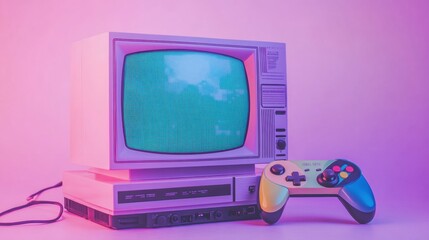 Leinwandbilder - Retro gaming console with vintage television set and colorful controller on display in a playful setting. Generative AI