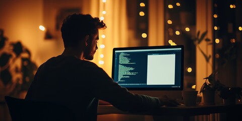Poster - Programmer working late night on computer with code bright screen in warmly lit room : Generative AI