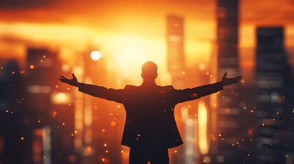 Aufkleber - Confident businessman silhouetted against city skyline at sunset : Generative AI
